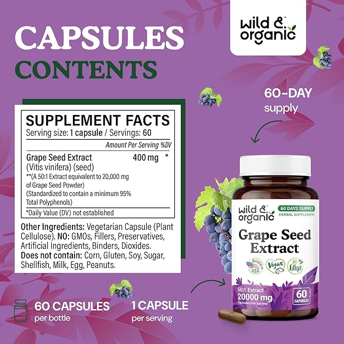 Wild & Organic Grape Seed Extract Capsules - 20,000 mg Strength Grapeseed Extract Equivalent - 95% Polyphenols - 400 mg per Serving - 2 Month Supply - 60 Vegan Capsules - Non-GMO