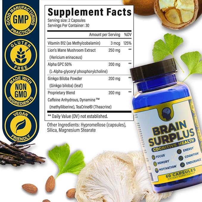 Nootropic Supplement for Memory, Focus, Energy: with Lions Mane, Ginkgo Biloba, Alpha GPC, Vitamin B12 Non GMO, Vegan, Gluten Free