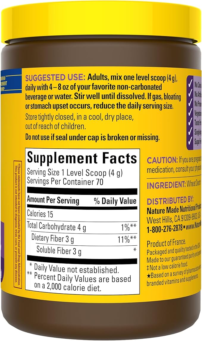 Nature Made Prebiotic Fiber Powder, Taste Free & Sugar Free Plant Based Vegetarian Prebiotic Fiber Drink Mix for Digestive System Support, 9.87 oz, 70 Day Supply