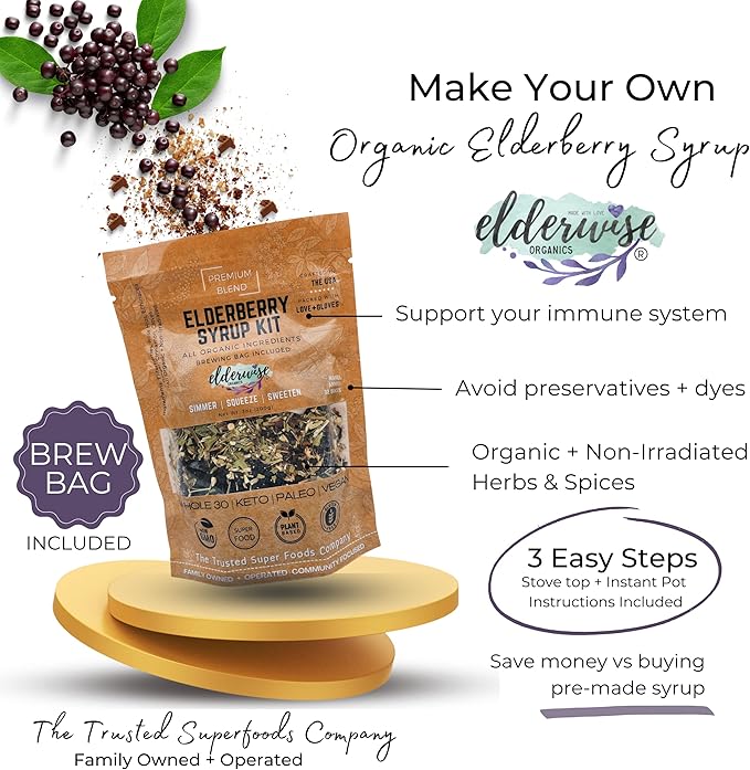 Elderwise Organic Elderberry Aronia Berry Syrup Kit - Elderberries, Aronia Berries, Rosehips, Ginger, Echinacea, Cinnamon, and Cloves, Makes 32oz of Syrup, Brewing Bag Included