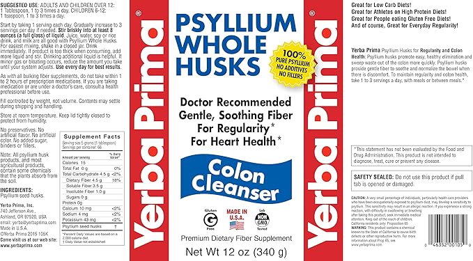 Yerba Prima Psyllium Husk, 12 Ounce (Pack of 2) - Colon Cleanser Fiber Supplement - Natural Support for Gut Health - Non GMO, Gluten Free, Vegan