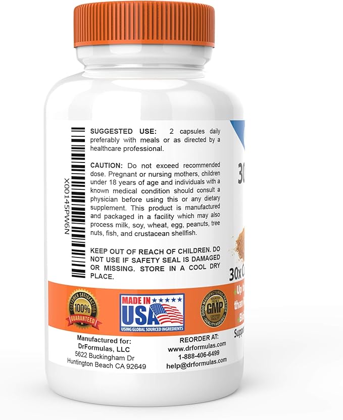 DrFormulas 30x Turmeric Curcumin Extract 1500mg Capsules with Black Pepper | 30x Stronger Than Regular Turmeric Powder, 60 Capsules
