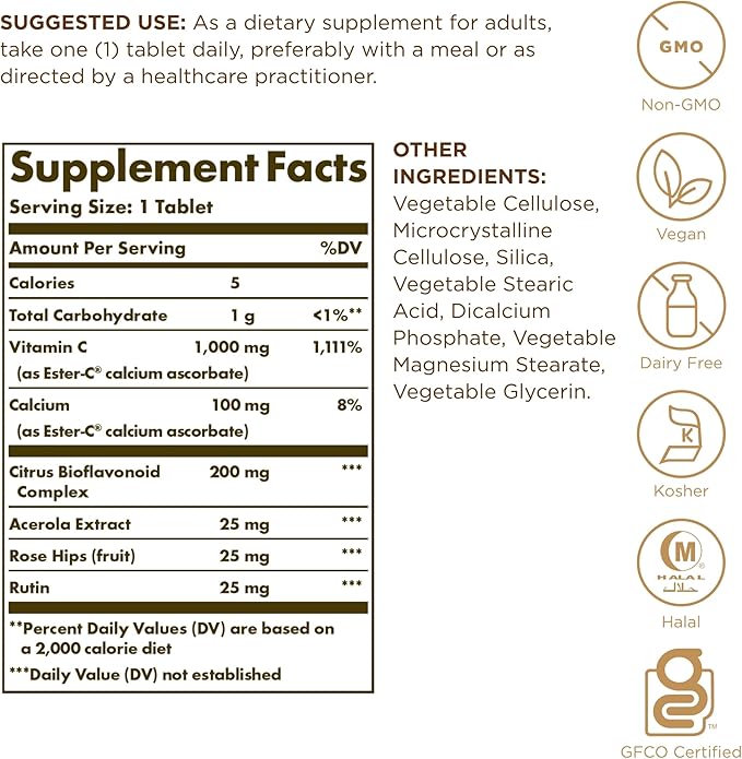 SOLGAR Ester-C Plus 1000 mg Vitamin C (Ascorbate Complex) - 180 Tablets, Pack of 2 - Gentle & Non Acidic - Supports Upper Respiratory Health - Non-GMO, Gluten Free - 360 Total Servings