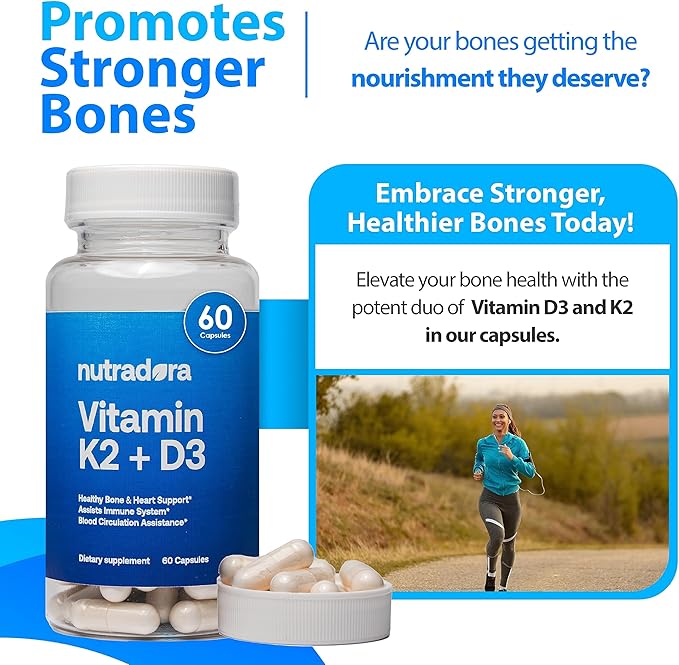 Vitamin D3 K2 Capsules for Men and Women - K2 D3 Vitamin Supplement for Healthy Heart and Bone Support, Immune System & Blood Circulation Assistance, Formulated in USA, 60 Veggie Capsules