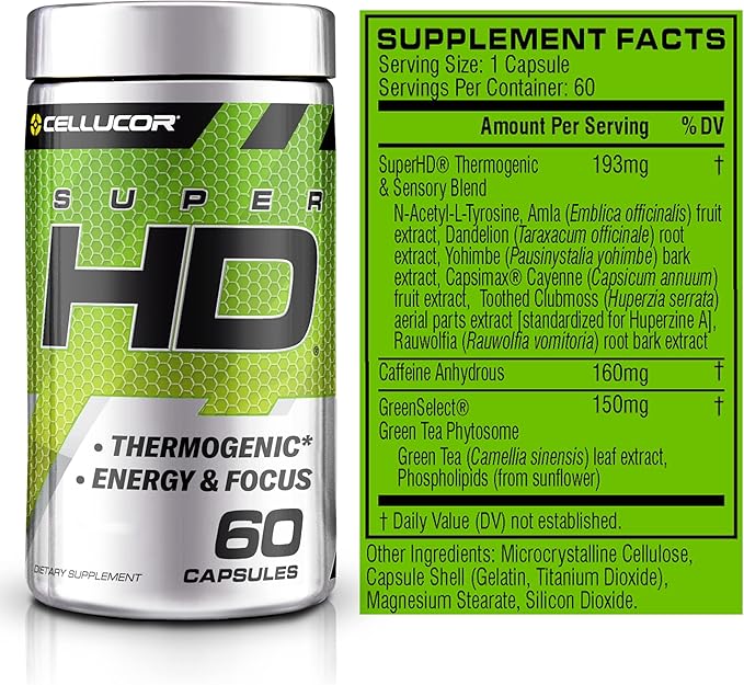 Cellucor SuperHD Thermogenic Fat Burner Weight Loss Supplement, Appetite Suppressant, & Energy Booster Capsimax, Green Tea Extract, 160mg Caffeine & More 60 Capsules (Packaging May Vary)