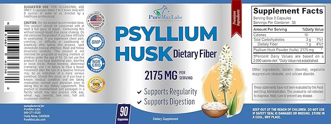 Psyllium Husk Dietary Fiber Supplement 2175mg, Non-GMO, 90 Capsules