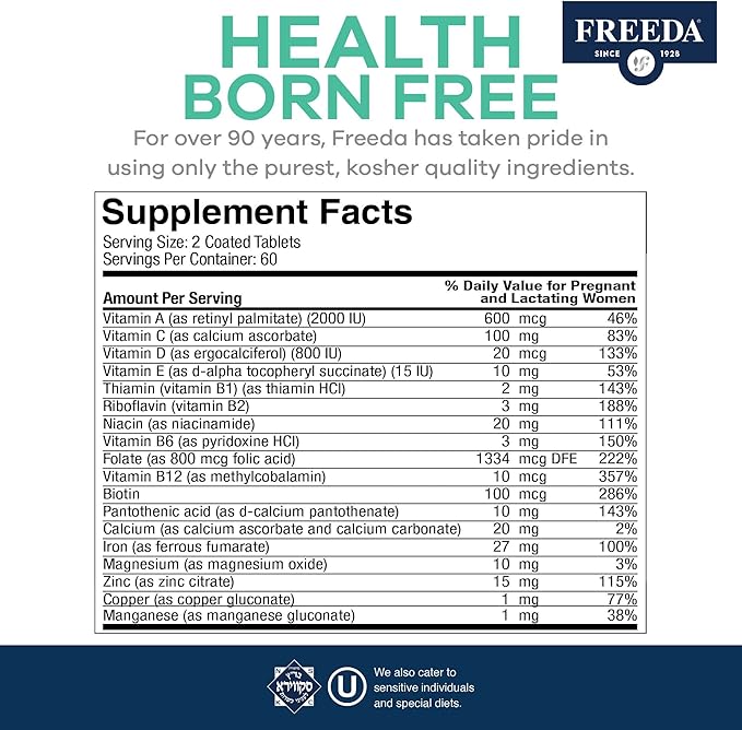 FREEDA Mini Prenatal Vitamin - Kosher Prenatals -Tiny Easy to Swallow Tablets - Prenatal Vitamins with Iron, Prenatal Folic Acid/Folate, Vitamin D - Pre Natal Multivitamin for Pregnant Women (120)