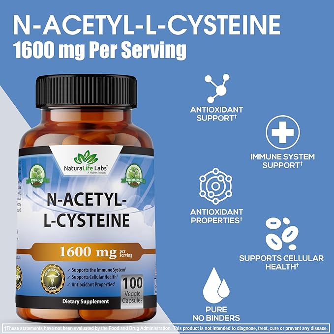 NaturaLife Labs N-Acetyl-L-Cysteine (NAC) 1600 mg Immune Support & Antioxidants*, Free-Radicals, Free Form, Exercise Performance - 100 Veggie Capsules
