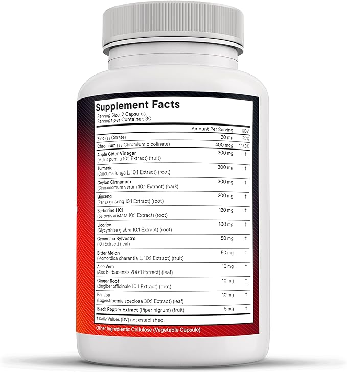 Ceylon Cinnamon, Turmeric, Apple Cider Vinegar, Ginseng, Aloe Vera, Berberine Plus Banaba, Ginger Root - 180 Count