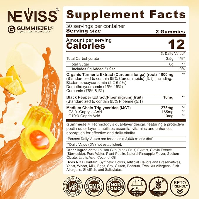 Sugar Free Turmeric Gummies 1000mg w/MCT Oil C8 C10, Organic Antioxidant, Turmeric Curcumin Supplement with Black Pepper Extract Improve Digestion & Comfort, Boost Energy, Ultra Absorption, 60 Count