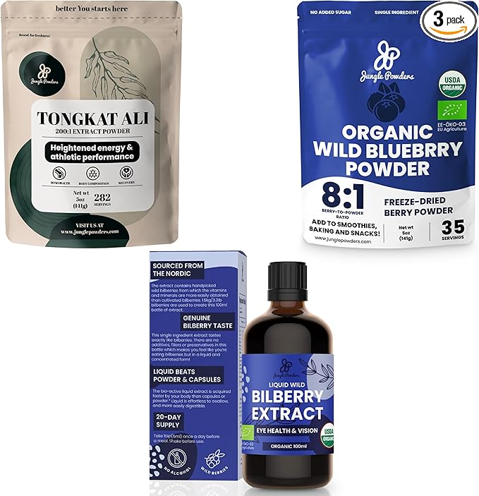 Ultimate Men's Health & Wellness Bundle: 5oz Tongkat Ali Powder, 5oz Wild Blueberry Powder & 3.4oz Organic Bilberry Liquid Extract - Premium Supplements for Drive, Passion, Eyesight