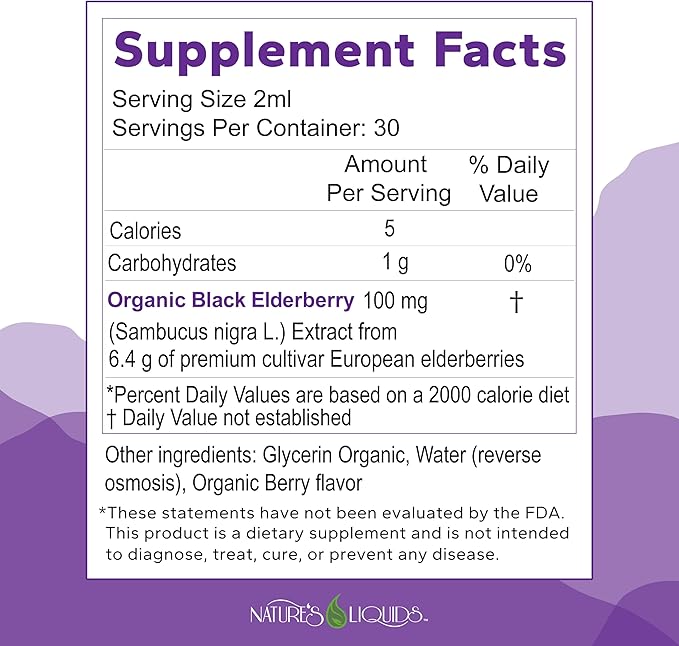 Nature's Liquids Organic Elderberry Syrup Sugar Free | Immune Support for Kids and Adults | 1 Serving Equals 60 Elderberries (2 Fl Oz)