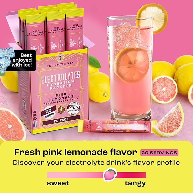 KEY NUTRIENTS Electrolytes Powder Packets - Fresh Pink Lemonade 20 Pack Hydration Packets - Travel Hydration Powder - Made in USA - No Sugar, No Calories, Gluten Free