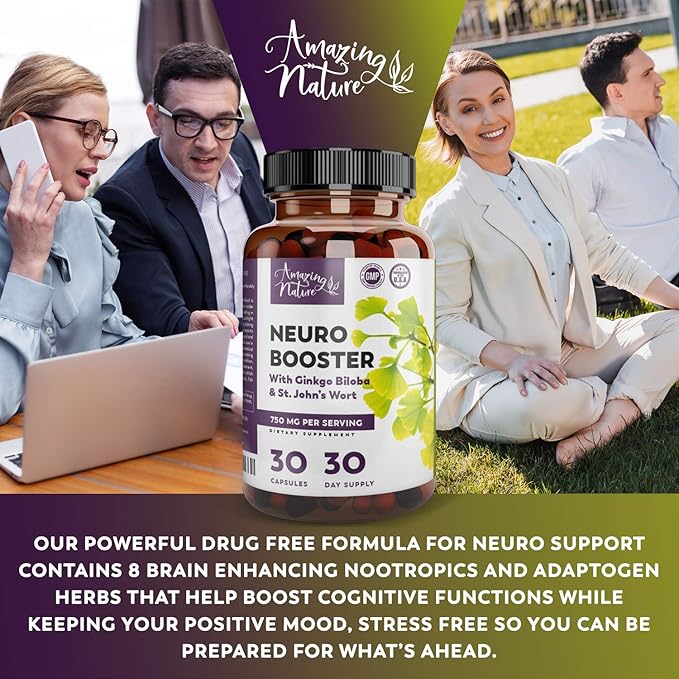Neuro Booster Nootropics and Brain Supplement for Memory, Clarity, Focus, Relaxation with Gingko Biloba, Bacopa Monnieri, St. John’s Wort & More