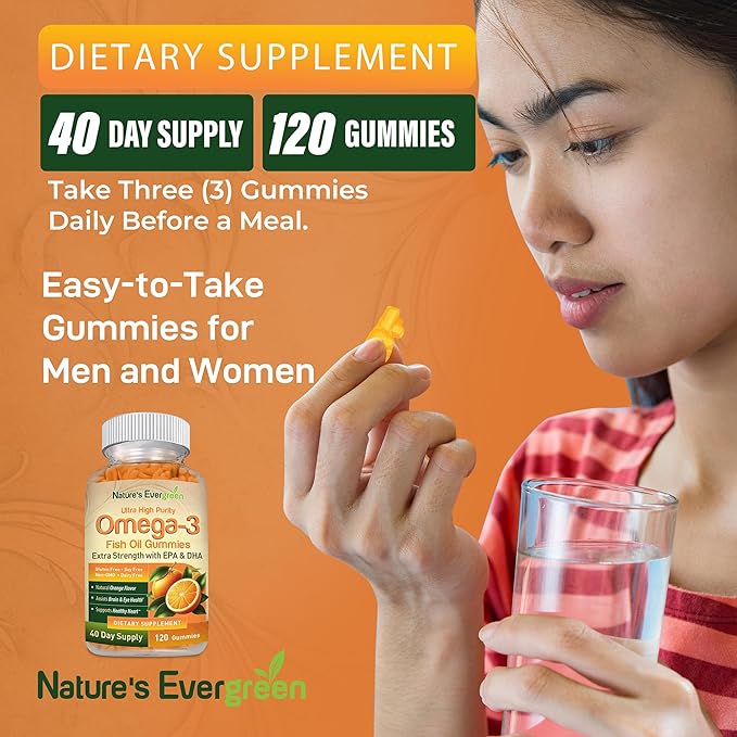 Extra Strength Omega 3 Fish Oil Gummies with DHA & EPA | Ultra High Purity Omega 3 Gummy Supplement for Healthy Heart, Joint & Brain Support | Nature's Vitamins, Orange Flavor | 120 Gummies
