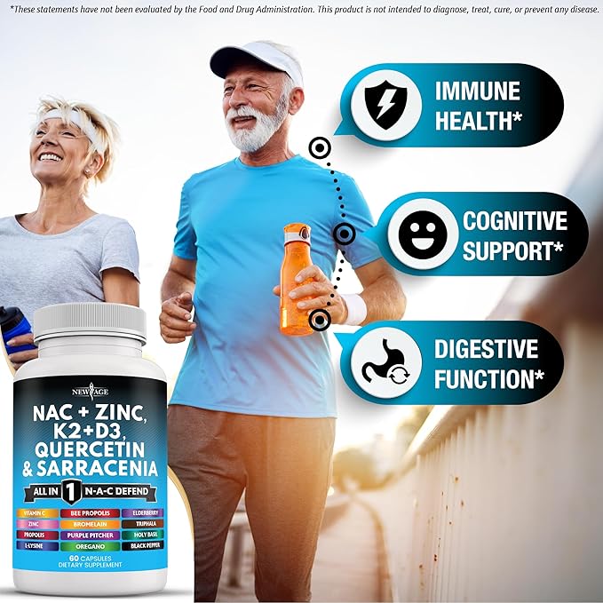 NEW AGE NAC Supplement N-Acetyl Cysteine- with Vitamin D3, K2, Zinc, Quercetin, Triphala, Sarracenia Purpurea, Elderberry, Holy Basil, Bee Propolis, Bromelain, L-Lysine - 120 Count