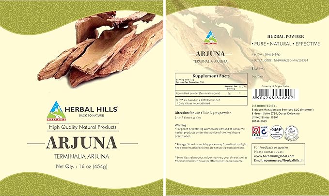 HERBAL HILLS Arjuna Bark Powder (Terminalia Arjuna) | 16 Oz (454 GMS) | Standardized Extract Wellness and Health Supplements
