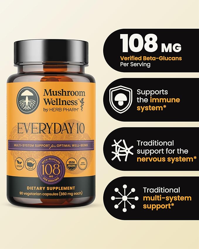 Mushroom Wellness Everyday 10: Organic 10-in-1 Mushroom Capsules with Lion's Mane, Shiitake, Reishi, Turkey Tail & More, Mushroom Powder Supplement, Immune & Nervous System Support, 90 Vegan Capsules