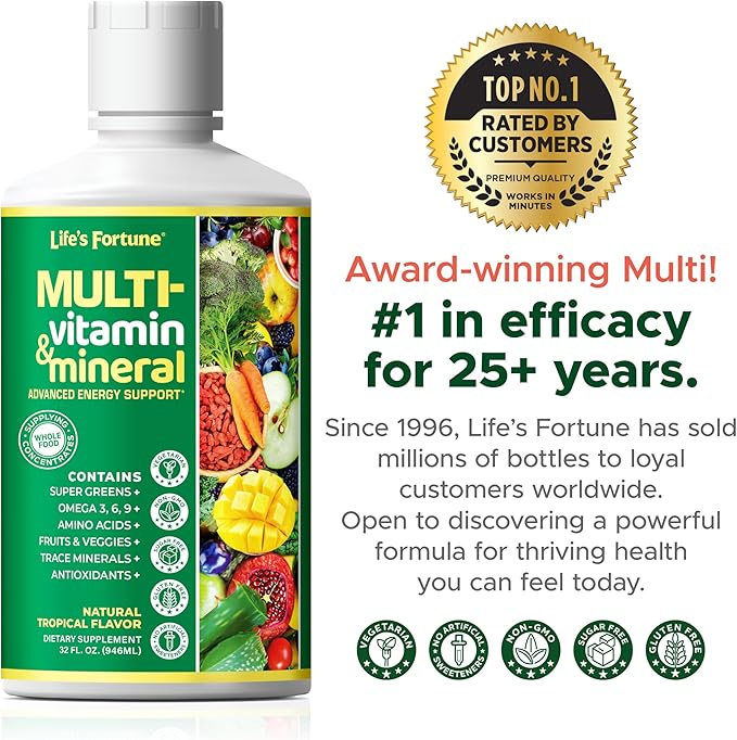 Life's Fortune Liquid Multivitamin for Men, Women & Teens, High Absorption Vitamins with Biotin, Vitamin C, D3, Minerals | Non-GMO, No Sugar Added | Supports Hair, Body Health & Energy | 32 oz