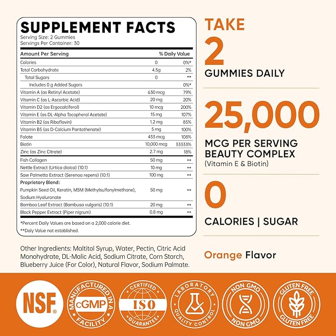 Venture Pal Biotin Gummies with Collagen & Keratin - Hair Growth Support Skin and Nail Strength Vitamins for Women & Men - Biotin 10000mcg | B-Complex | Saw Palmetto - Sugar Free, Non-GMO, 60ct