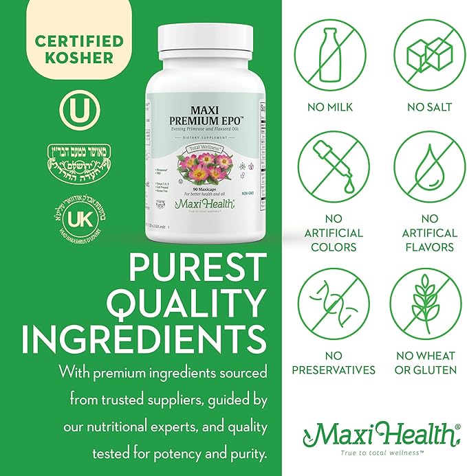 Maxi Health Women's Organic Evening Primrose Oil Capsules 1500mg - EPO Gamma Linolenic Acid Supplement - PMS & Hot Flashes Menopause Relief - GLA Hormonal Acne Supplements (90 Count)