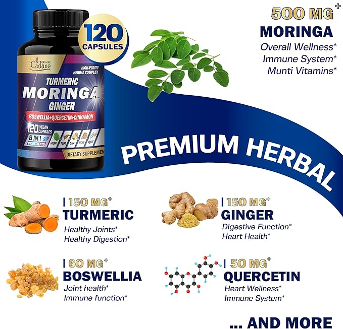 Organic Cadane Moringa Capsules with Turmeric, Boswellia, Quercetin, Ceylon Cinnamon, Holy Basil, Ginger, and Black Pepper - 8in1 Supplements - 120 Veggie Caps for 2 Months Supply