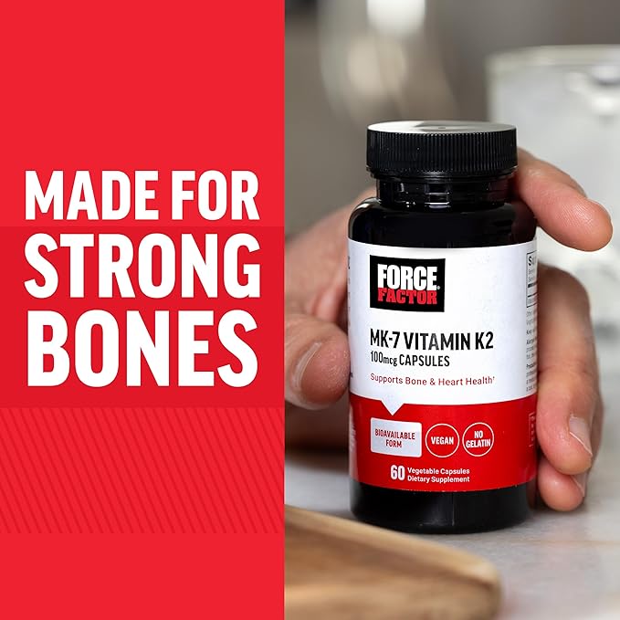 FORCE FACTOR MK-7 Vitamin K2 100mcg, Bone Support Supplements for Women and Men, Support Heart Health, Bone Density, and More, BIoavailable Form, Vegan, Non-GMO, 60 Vegetable Capsules
