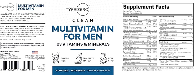 Type Zero Multivitamin Capsules for Men (120 Capsules) (1200 mg) - Gluten-Free, 60 Servings