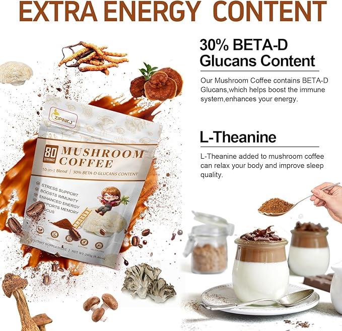 Mushroom Coffee Powder Organic (80 Servings) Instant Coffee Natural Ingredients - Lion's Mane, Cordyceps, Reishi, Chaga Mushrooms Powder Supplement Better Focus and Immunity, Gut Digestion
