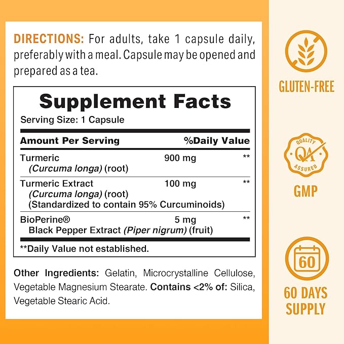 Vitamin World Turmeric Curcumin 1000mg, BioPerine Black Pepper Extract for Better Absorption, 95% Curcuminoids, Turmeric Supplement for Antioxidant & Joint Support, Gluten-Free, 60 Capsules