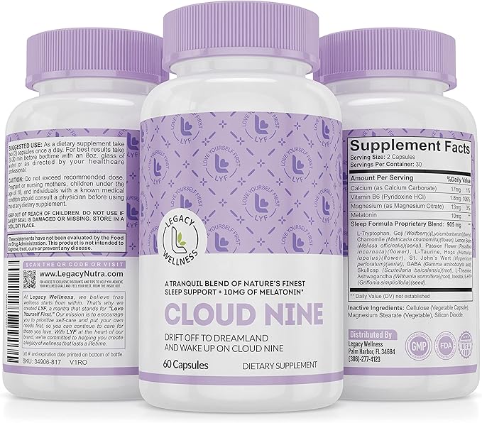Cloud 9 - All Natural Sleep Aid Supplement - Relaxing Vitamin & Herbal Formula - 10mg Melatonin Calcium Magnisium L-Theanine 5-HTP GABA St. John's Wort Ashwagandha Chamomile & More 60 Vegan Capsules