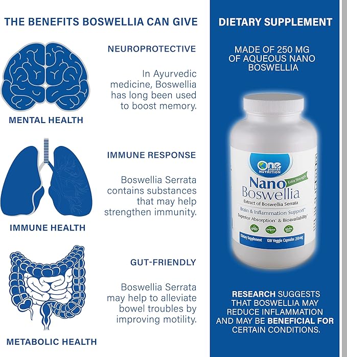Nano Boswellia 250 mg Veggie Capsules (120 Servings), Boswellia serrata Resin, Supports Cognitive Function for Brain Health, Non-GMO, Vegan, Gluten-Free