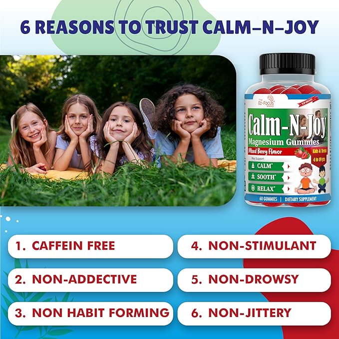Magnesium Citrate Supplement for Kids & Teens, Anti-Stress Calm Magnesium Gummies Support Relaxed Muscles, Sleep, Bone Health, Gluten Free, Low Sugar 60 Ct