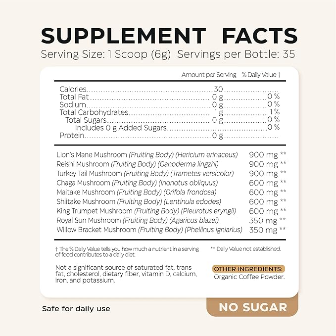 Mushroom Coffee - 10-in-1 Mushroom Superfood Adaptogen Mix - Organic Lion's Mane, Chaga, Turkey Tail, Reishi, Instant Coffee - for Gut Health, Immunity, Energy, Focus - Sugar Free - 7,4 oz (35 Serv)