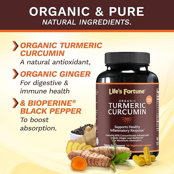 Life's Fortune Organic Turmeric Curcumin with Black Pepper and Ginger, Enhanced Absorption, Extra Strength Supplement, Joint & Immune Support, Non-GMO, 90 Cap - 2250mg