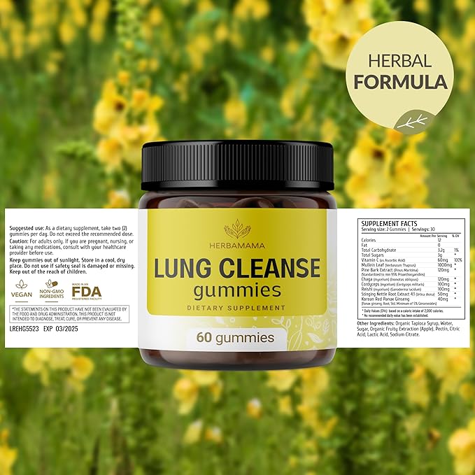 HERBAMAMA Lung Detox Gummies - Herbal Complex with Mushroom Blend for Lung Cleanse - Vegan, Non-GMO Respiratory Support Supplement - 60 Pectin-Based Apple-Flavored Chews