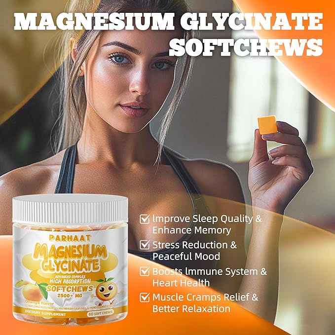 Magnesium Glycinate Soft Chews, Orange Flavor.Chewable Sugar Free Potassium Magnesium Chews with Magnesium Glycinate, Vitamin D, B6, and CoQ10 for Calm Support & Sleep for Adults, 60 Days Supply