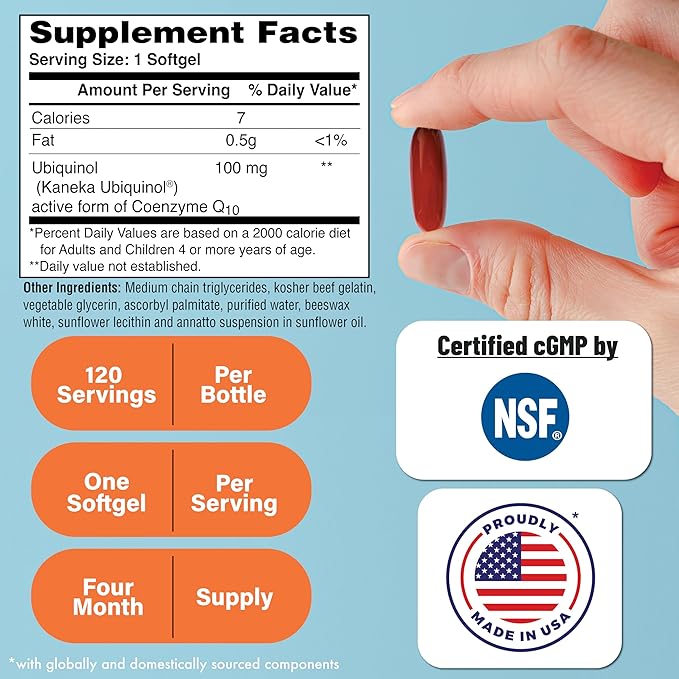 Health Thru Nutrition Ubiquinol 100mg 120 Softgels as Kaneka QH Reduced CoQ-10 | Stabilized - 3rd Party Tested | Enhanced Bioavailability | Cardiovascular & Mitochondria Function Support | Non-GMO