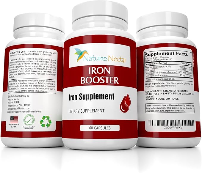 Nature's Nectar Iron Booster - Iron Supplement for Women - Helps Boost Red Blood Cell Production with Slow Release Non Constipating Ferrous Pills for Women - Best for Anemia