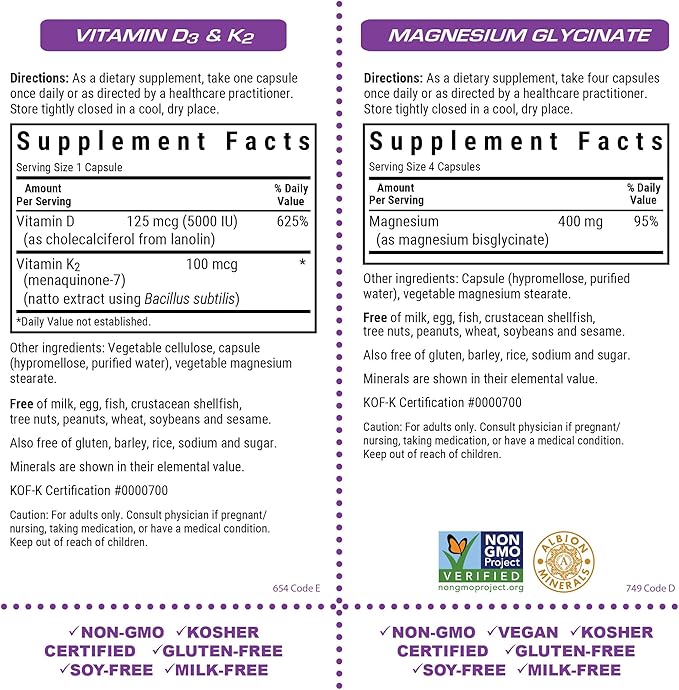 BlueBonnet Nutrition Vitamin D3 and K2, and Magnesium Glycinate Vegetable Capsules Bundle