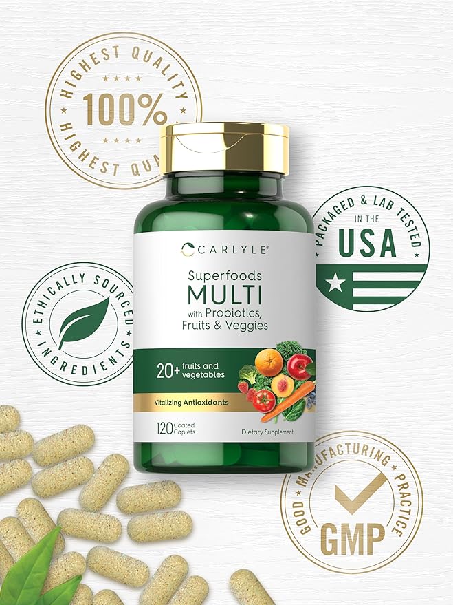 Carlyle Fruits and Veggies Supplement | 120 Count | Superfood Multivitamin with Probiotics | Made with 20 Fruits and Vegetables | Non-GMO & Gluten Free
