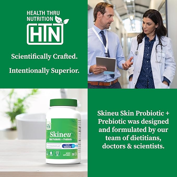 Health Thru Nutrition Skineu - Skin Probiotic + Prebiotic | Supports Skin Hydration & Elasticity | Clinically Studied Ingredients |3rd Party Tested, Non-GMO & Gluten-Free | 30 VegeCapsules