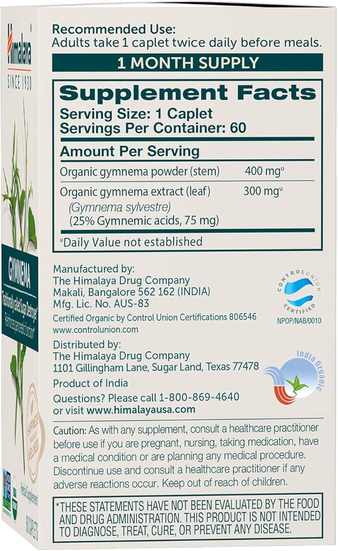 Himalaya Organic Gymnema Sylvestre Herbal Supplement USDA Certified Organic, Non-GMO, 700 mg, 60 Plant-Based Caplets, 2 Pack