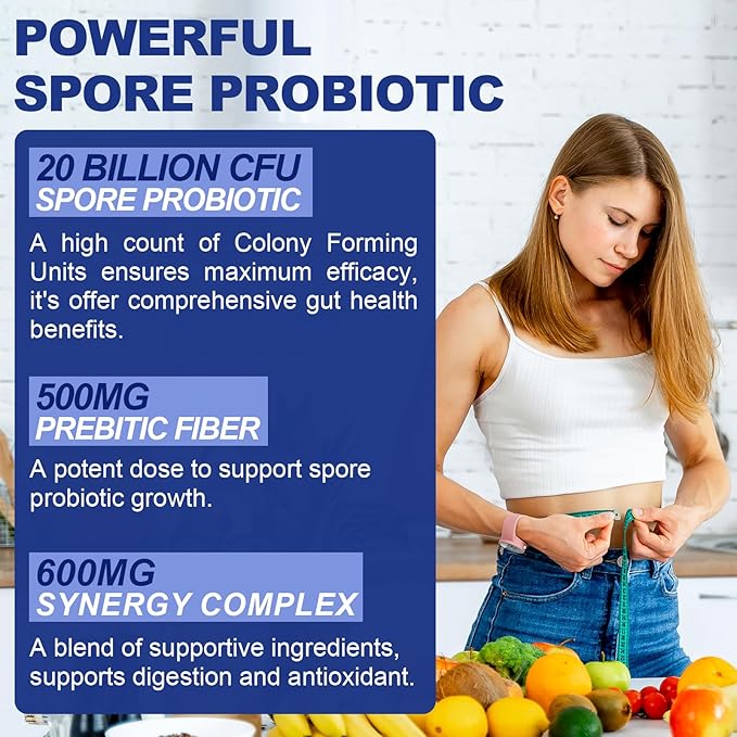 Spore Probiotic, 100% Spore Based Probiotics for Digestive Health, Gut, Immune - 20 Billion CFU All-Spore Probiotics for Women & Men, Acid-Resistant & No Refrigeration, Vegan, 90 Probiotic Capsules