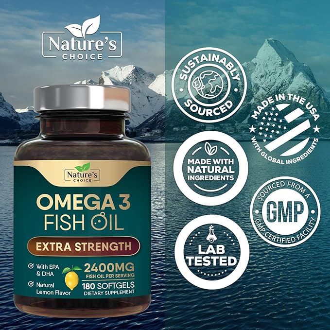 Triple Strength Omega 3 Fish Oil Supplement, EPA & DHA Fish Oil Omega 3 Essential Fatty Acids Supplement Softgels, 2400 mg Brain & Heart Health Support Supplements, Gluten Free, Non-GMO, 180 Softgels