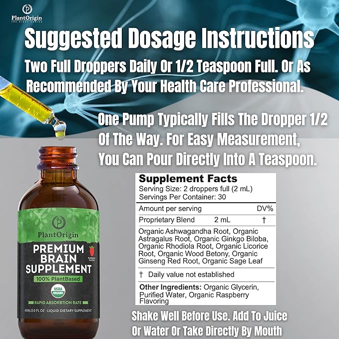 Premium Brain Nootropic Drops |Memory Focus & Concentration | Ashwagandha Ginseng & Ginkgo Biloba | USDA Organic Vegan & Non GMO | Gluten Free 30 Servings 2 OZ