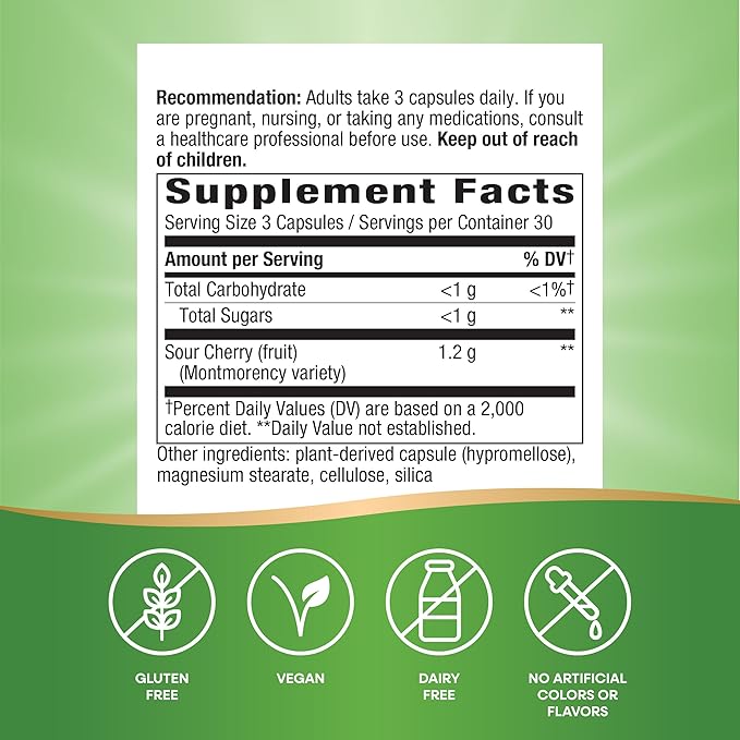 Nature's Way Tart Cherry Ultra Capsules, Montmorency Cherry, Anthocyanins for Antioxidant Support*, 1,200 mg per 3-capsule serving, 90 Vegan Capsules (Packaging May Vary)