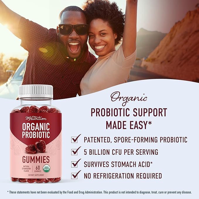 Organic Probiotics Gummies | 5 Billion CFU Probiotics for Digestive Health & Immune Support | Hardy Bacillus Subtilis | Strawberry Gummies | Shelf Stable, Gluten-Free, Vegan | 60 Ct. (1 Month Supply)