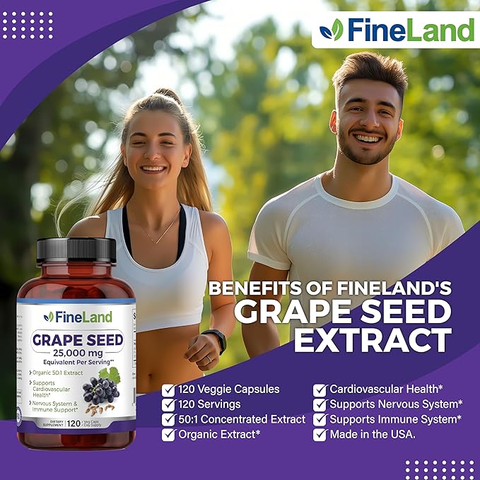 FineLand Grape Seed 50:1 Extract, Premium Max Strength, 25,000 mg Eq., Antioxidant Powerhouse, Heart Support, Immune Support, Grape Seed Extract Capsules 120, 4 Month Supply, 100% Vegan, All Natural