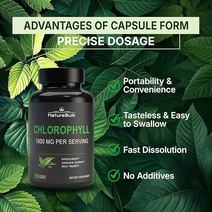 Chlorophyll Capsules 1000mg - 100% Natural Potency Concentration for Women & Men, Gut Health, Skin Support - Natural Energy Booster, 120 Capsules